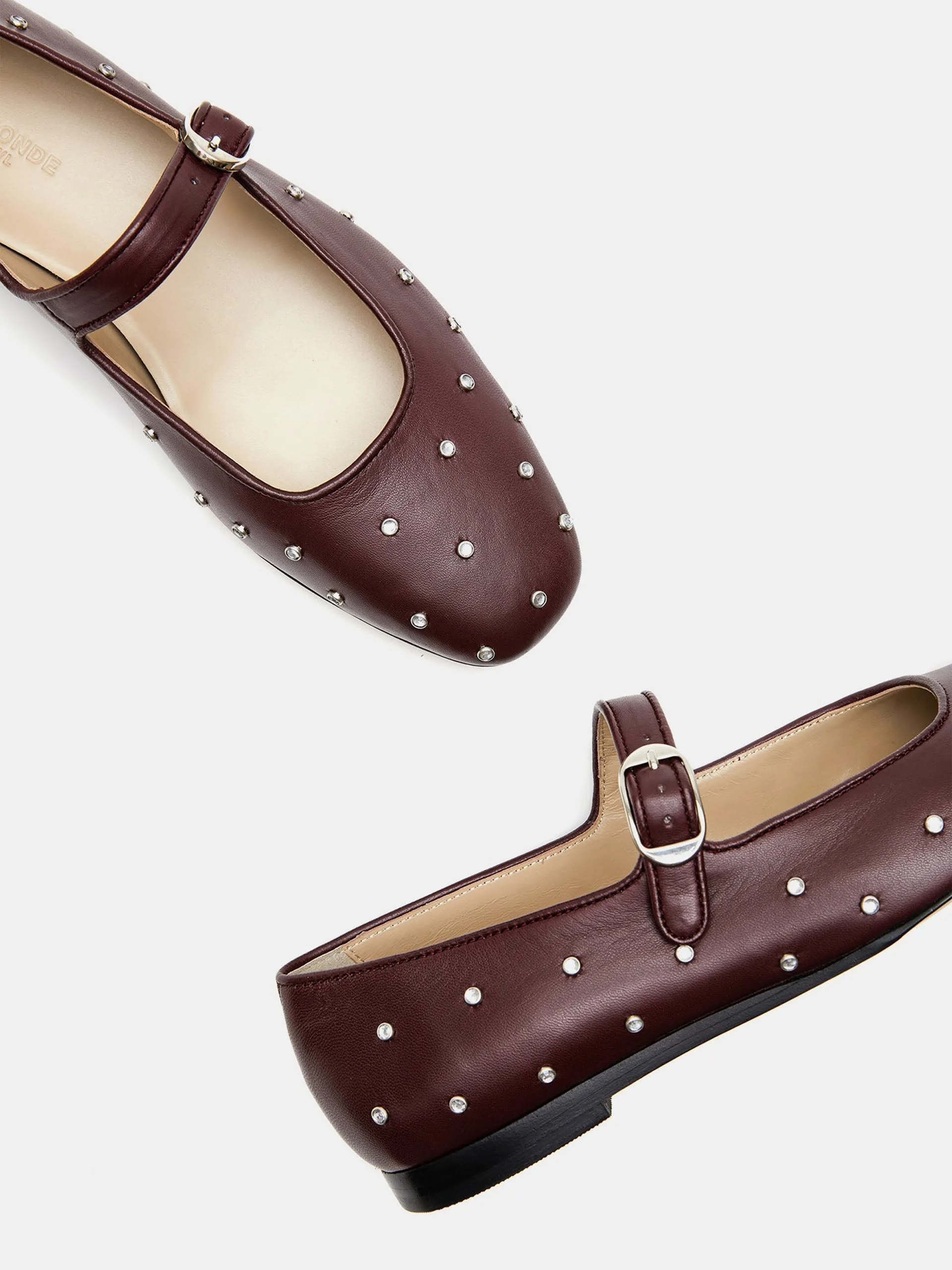 Crystal studded oxblood  leather Mary Jane flats