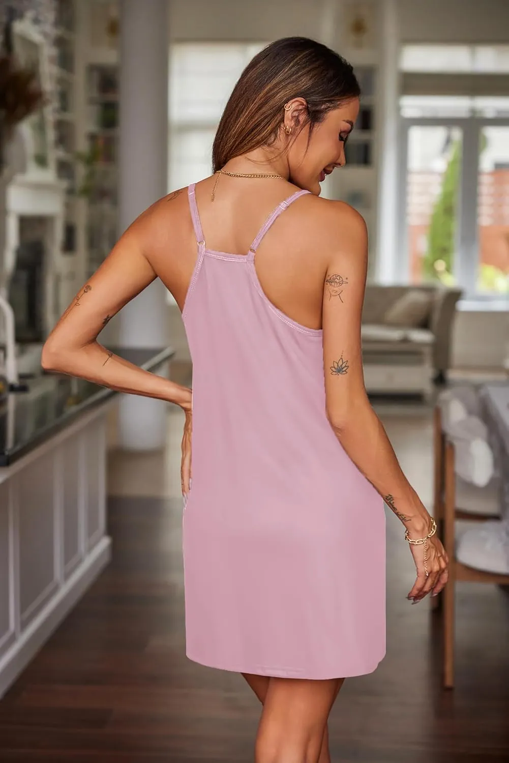 Ekouaer Nightgowns for Women Cotton Sleepwear Adjustable Spaghetti Strap Sleepshirt Racerback Sleep Dress with Pockets S-3XL