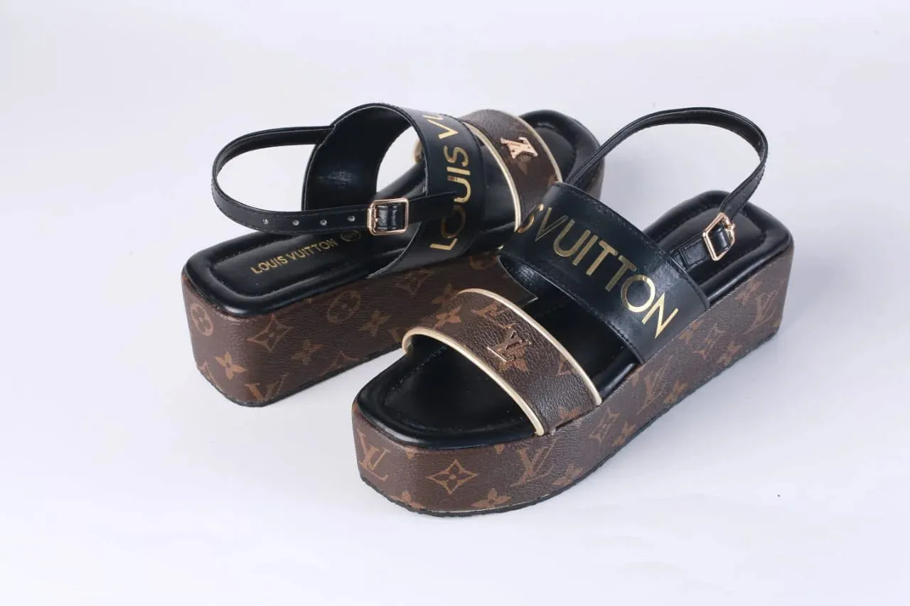 LV MONOGRAM WEDGES SANDALS - BLACK