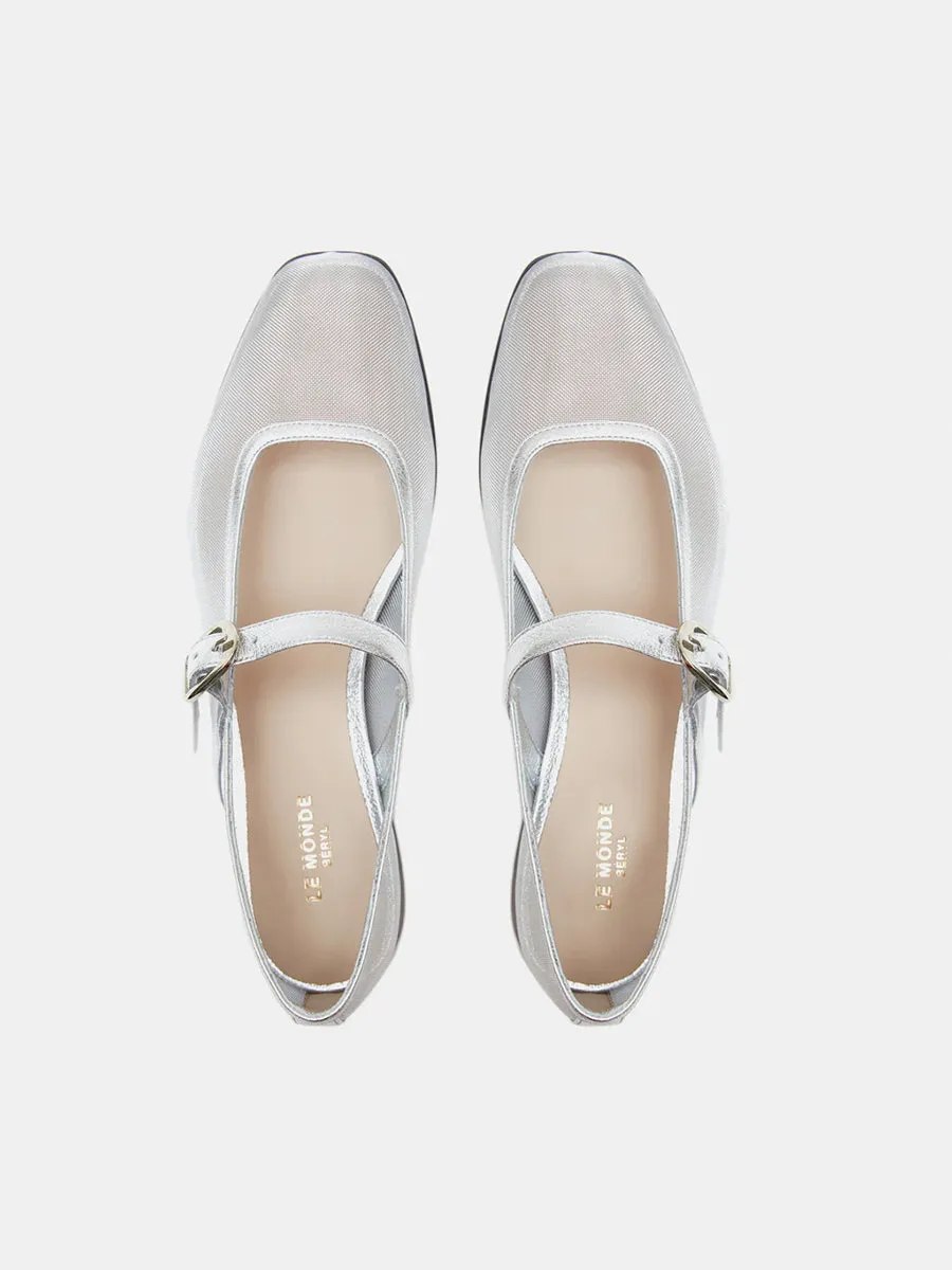 Mary Jane Ballet Flats in Silver Mesh