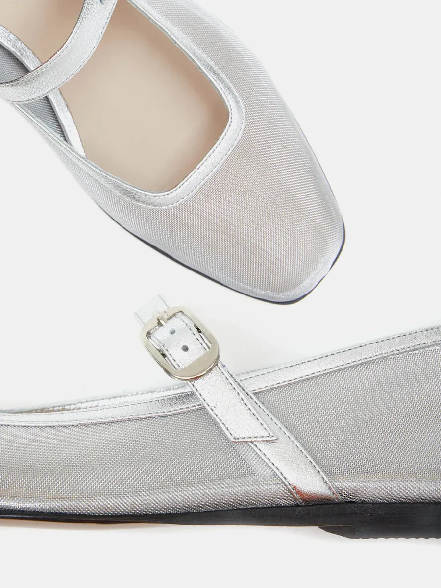 Mary Jane Ballet Flats in Silver Mesh