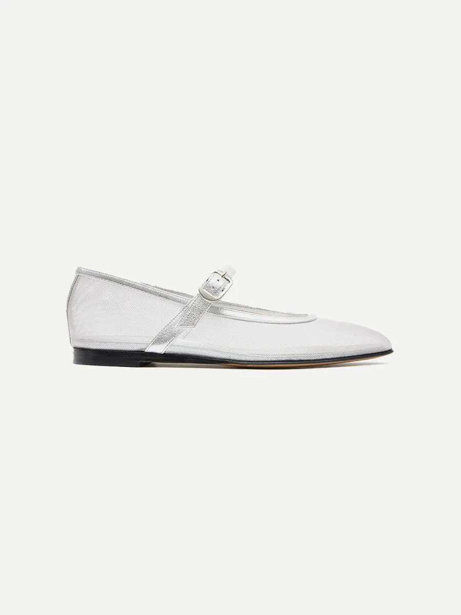 Mary Jane Ballet Flats in Silver Mesh