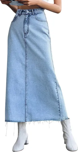 MISS MOLY Women's Jean Skirt Stretch High Waisted Frayed Raw Hem A Line Denim Midi Skirt with Pockets