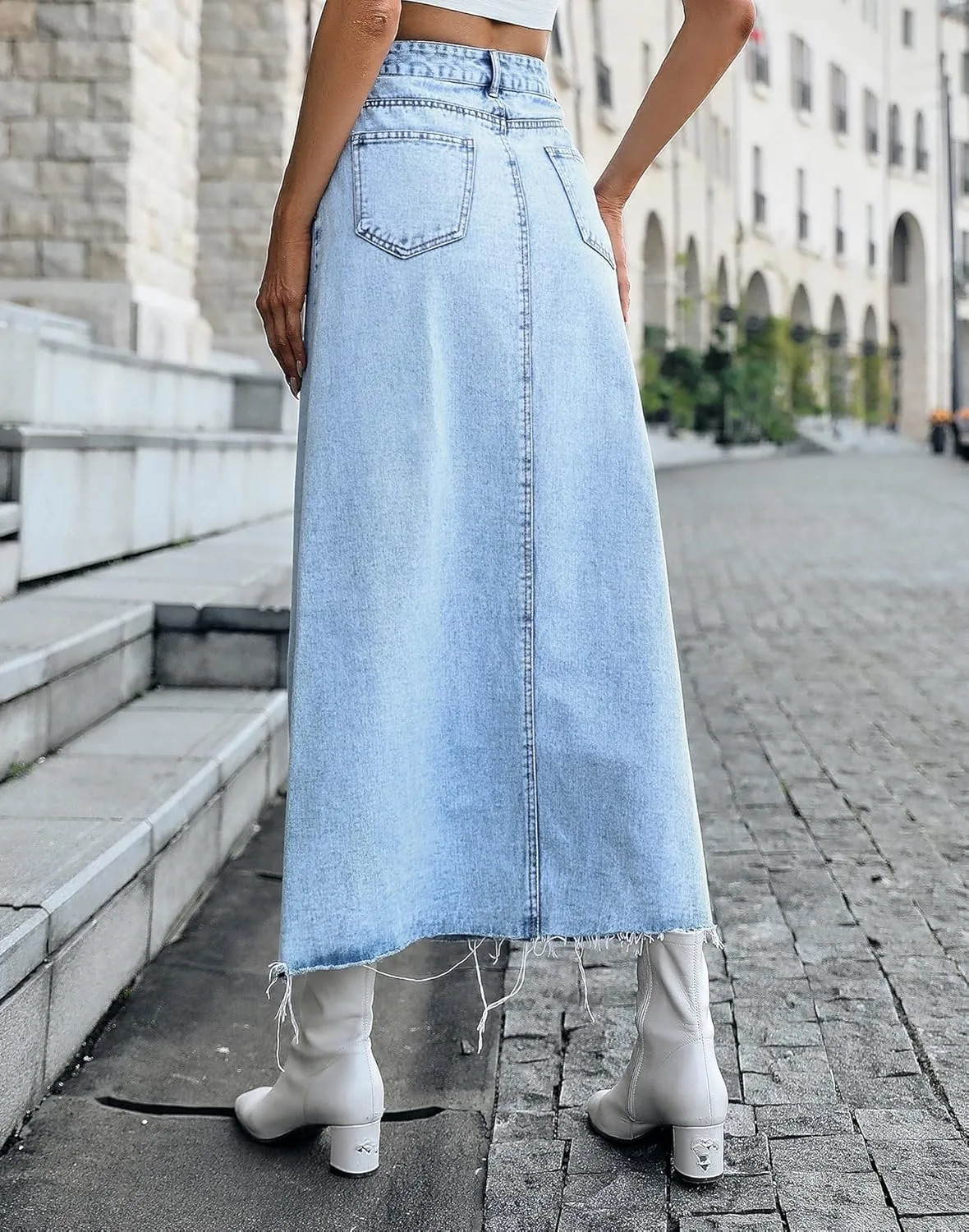 MISS MOLY Women's Jean Skirt Stretch High Waisted Frayed Raw Hem A Line Denim Midi Skirt with Pockets