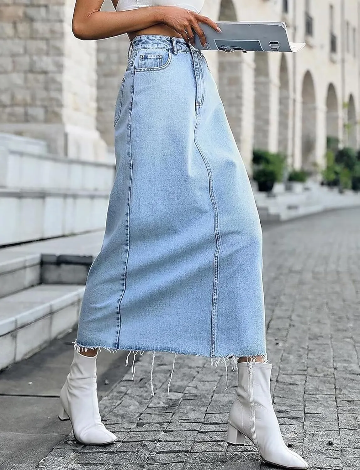 MISS MOLY Women's Jean Skirt Stretch High Waisted Frayed Raw Hem A Line Denim Midi Skirt with Pockets