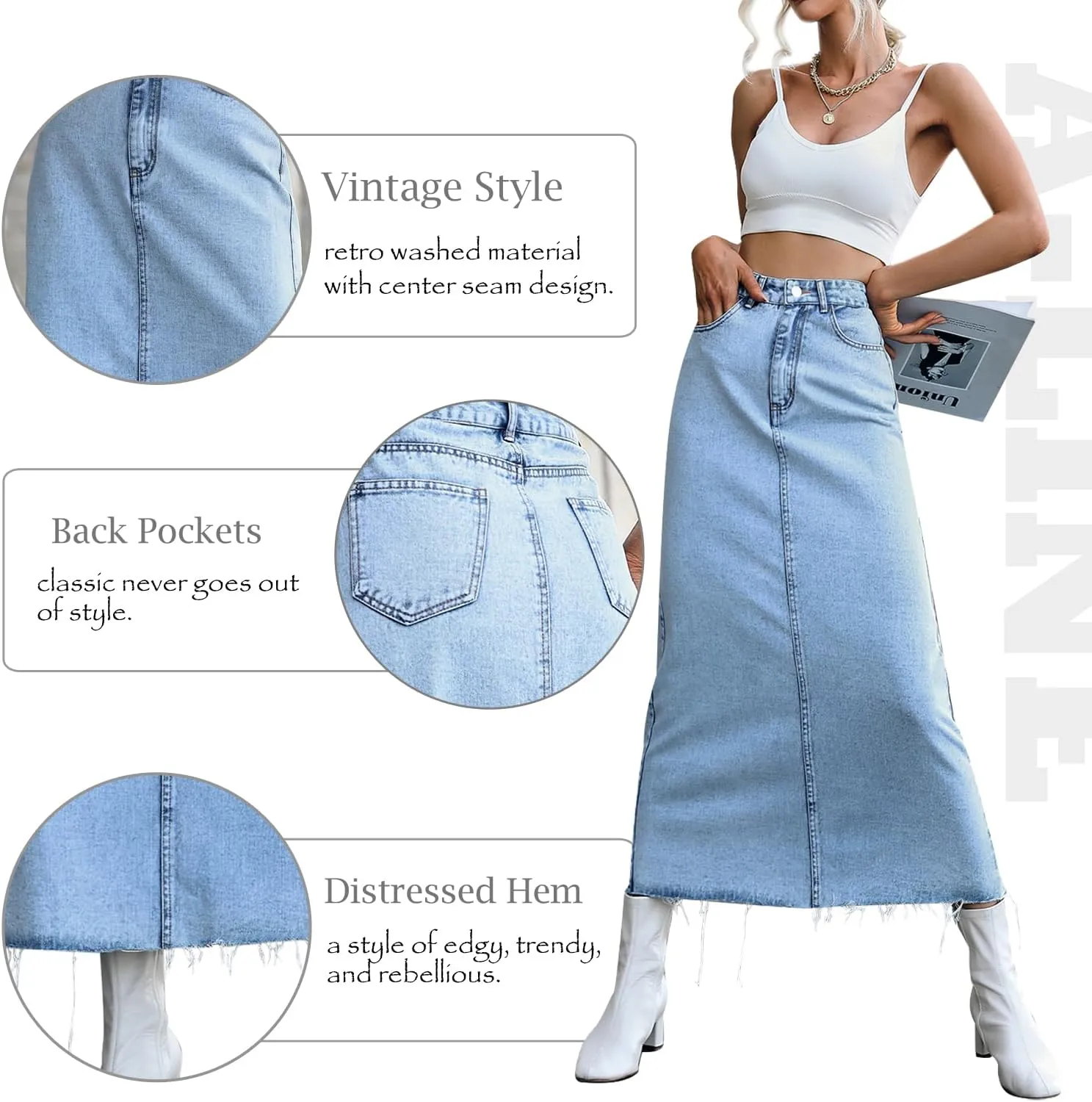 MISS MOLY Women's Jean Skirt Stretch High Waisted Frayed Raw Hem A Line Denim Midi Skirt with Pockets