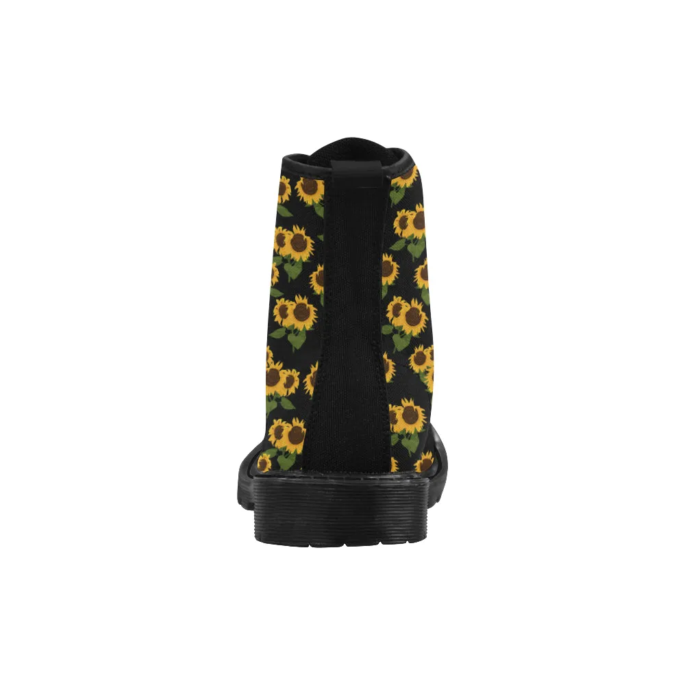 Sunflower Women's Boots, Floral Vegan Canvas Lace Up Shoes, Yellow Flower Print Black Ankle Combat, Casual Custom Gift