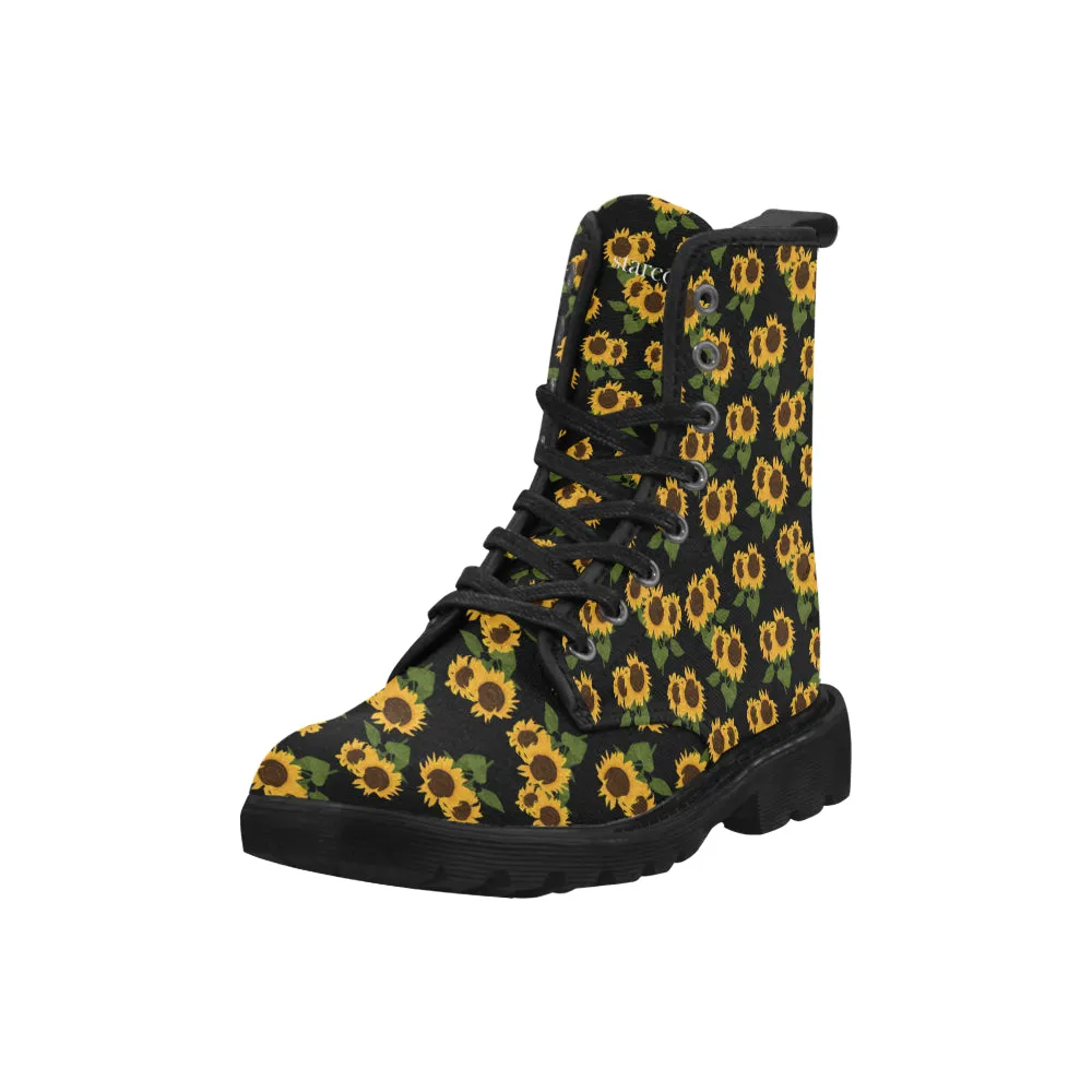 Sunflower Women's Boots, Floral Vegan Canvas Lace Up Shoes, Yellow Flower Print Black Ankle Combat, Casual Custom Gift