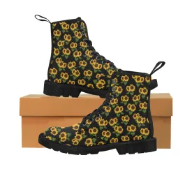 Sunflower Women's Boots, Floral Vegan Canvas Lace Up Shoes, Yellow Flower Print Black Ankle Combat, Casual Custom Gift
