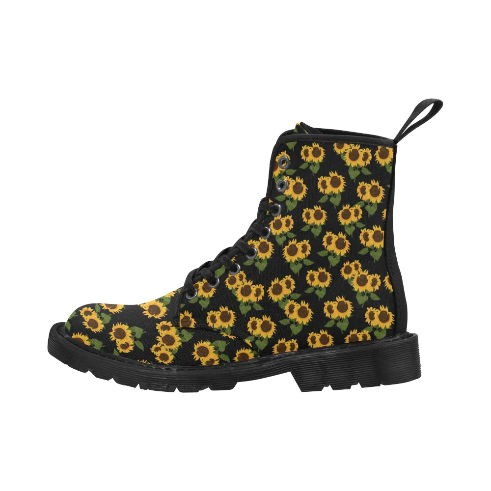 Sunflower Women's Boots, Floral Vegan Canvas Lace Up Shoes, Yellow Flower Print Black Ankle Combat, Casual Custom Gift