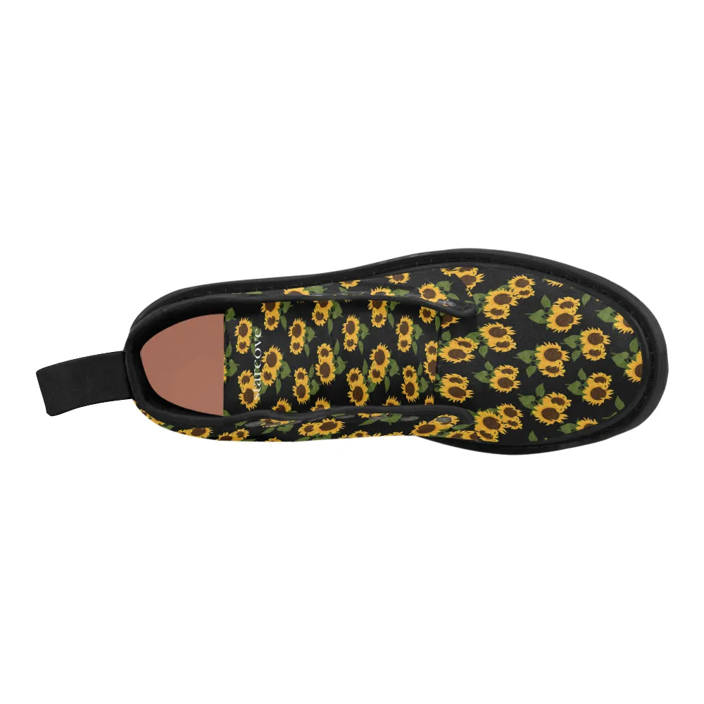 Sunflower Women's Boots, Floral Vegan Canvas Lace Up Shoes, Yellow Flower Print Black Ankle Combat, Casual Custom Gift