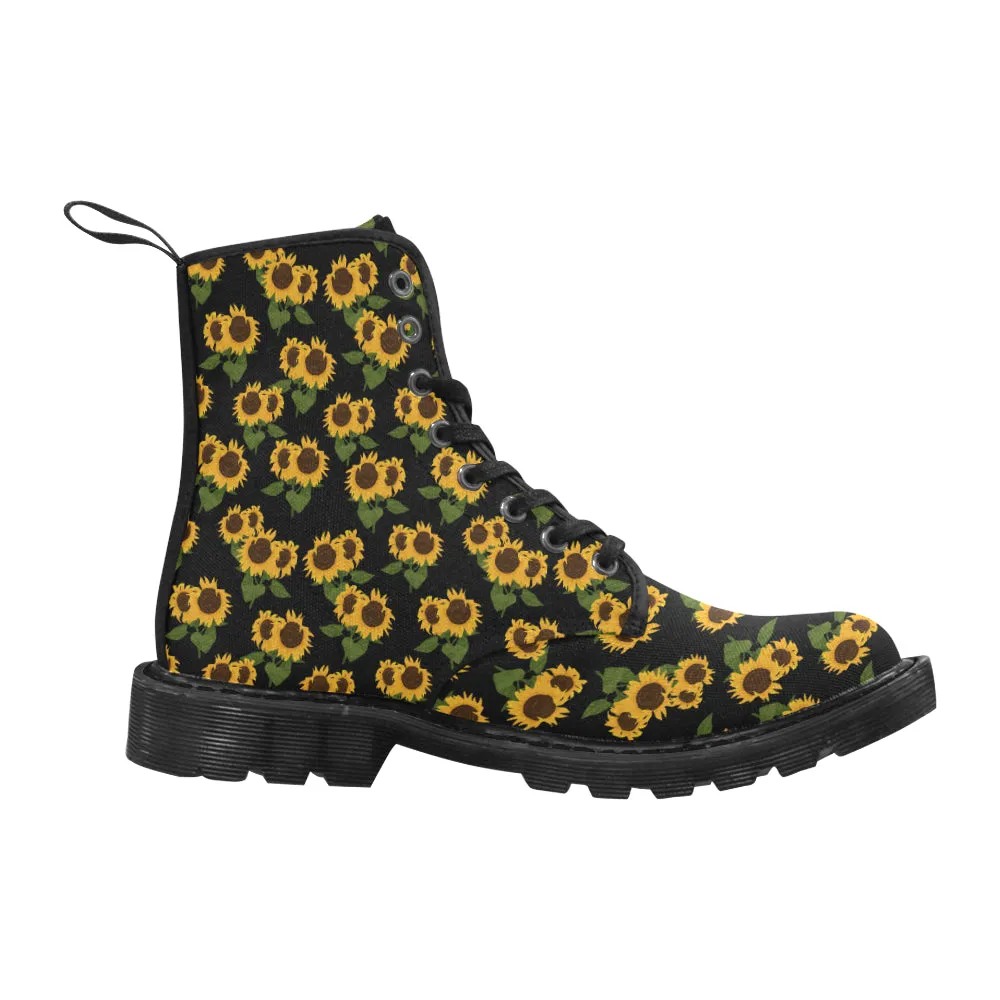 Sunflower Women's Boots, Floral Vegan Canvas Lace Up Shoes, Yellow Flower Print Black Ankle Combat, Casual Custom Gift