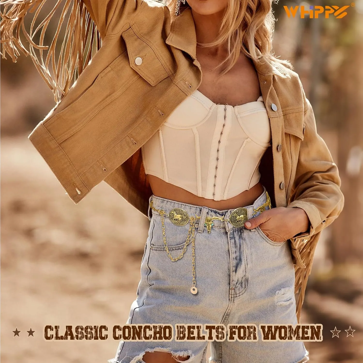 WHIPPY Western Metal Concho Belt for Women Vintage Cowgirl Boho Turquoise Chain Belts for Dresses Jeans
