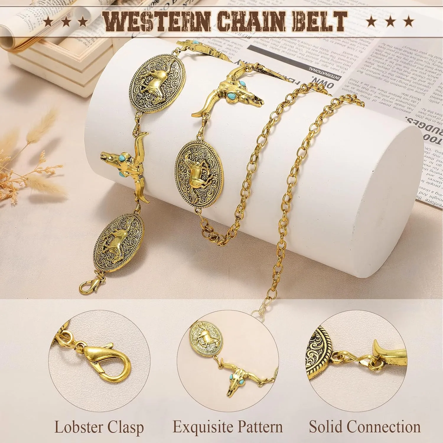 WHIPPY Western Metal Concho Belt for Women Vintage Cowgirl Boho Turquoise Chain Belts for Dresses Jeans