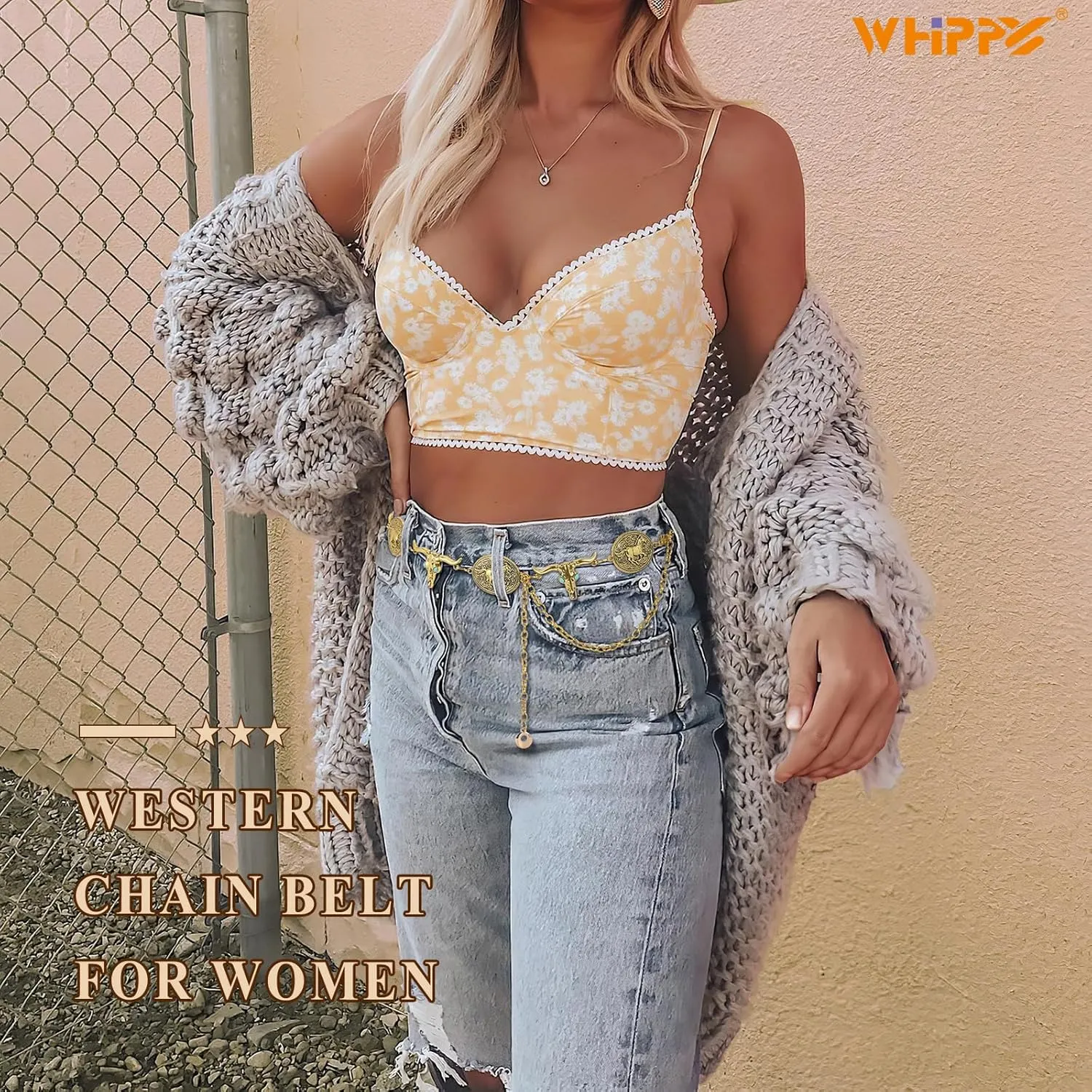 WHIPPY Western Metal Concho Belt for Women Vintage Cowgirl Boho Turquoise Chain Belts for Dresses Jeans