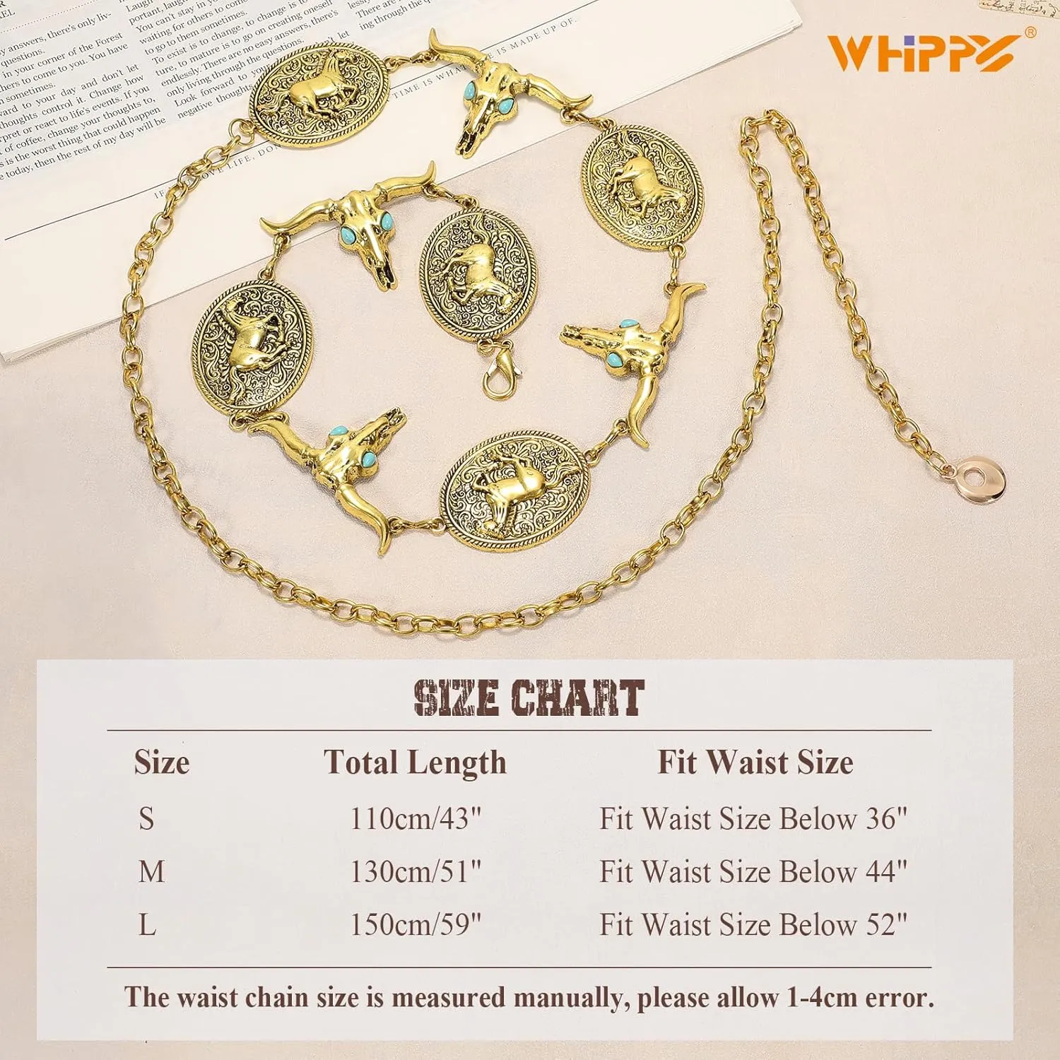 WHIPPY Western Metal Concho Belt for Women Vintage Cowgirl Boho Turquoise Chain Belts for Dresses Jeans