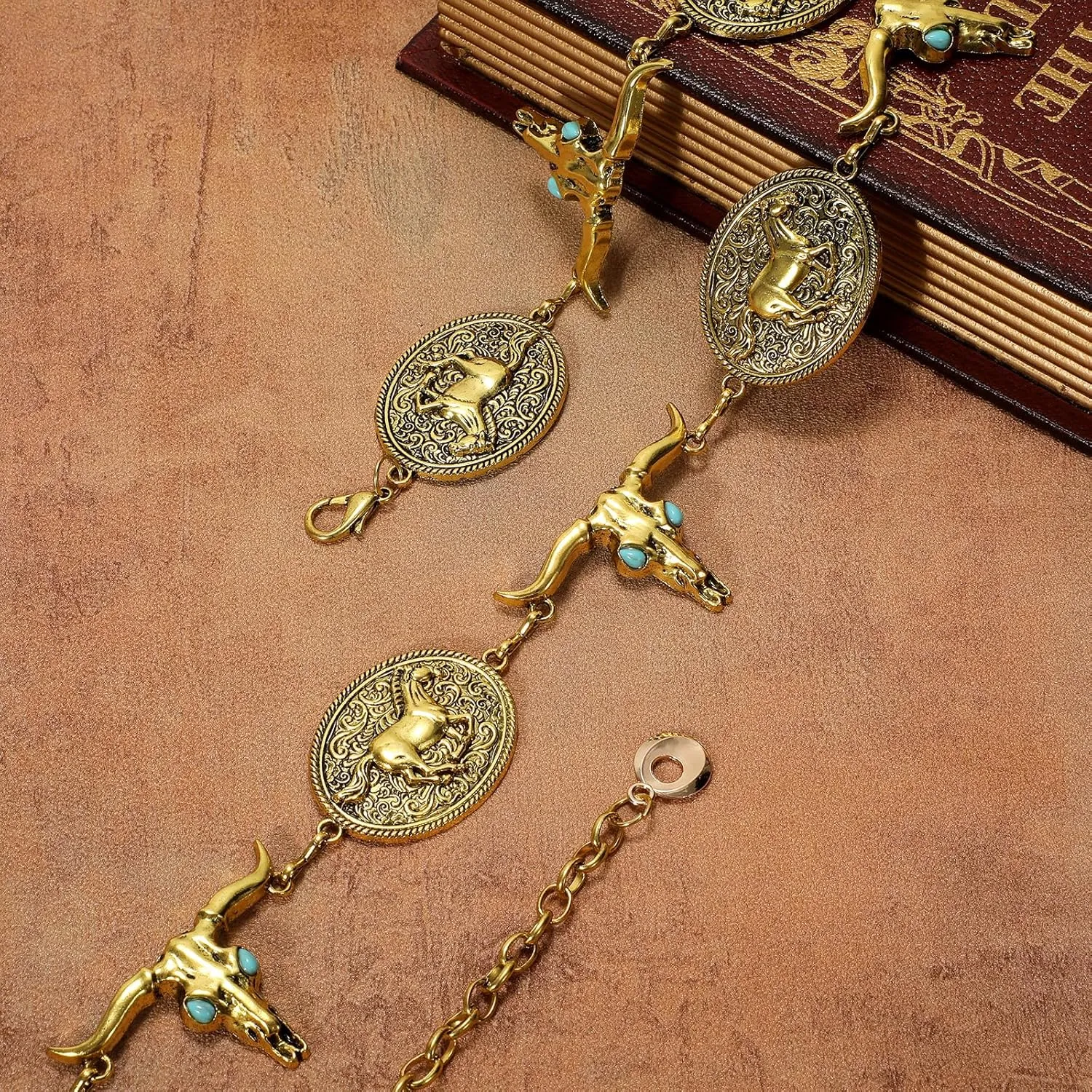 WHIPPY Western Metal Concho Belt for Women Vintage Cowgirl Boho Turquoise Chain Belts for Dresses Jeans