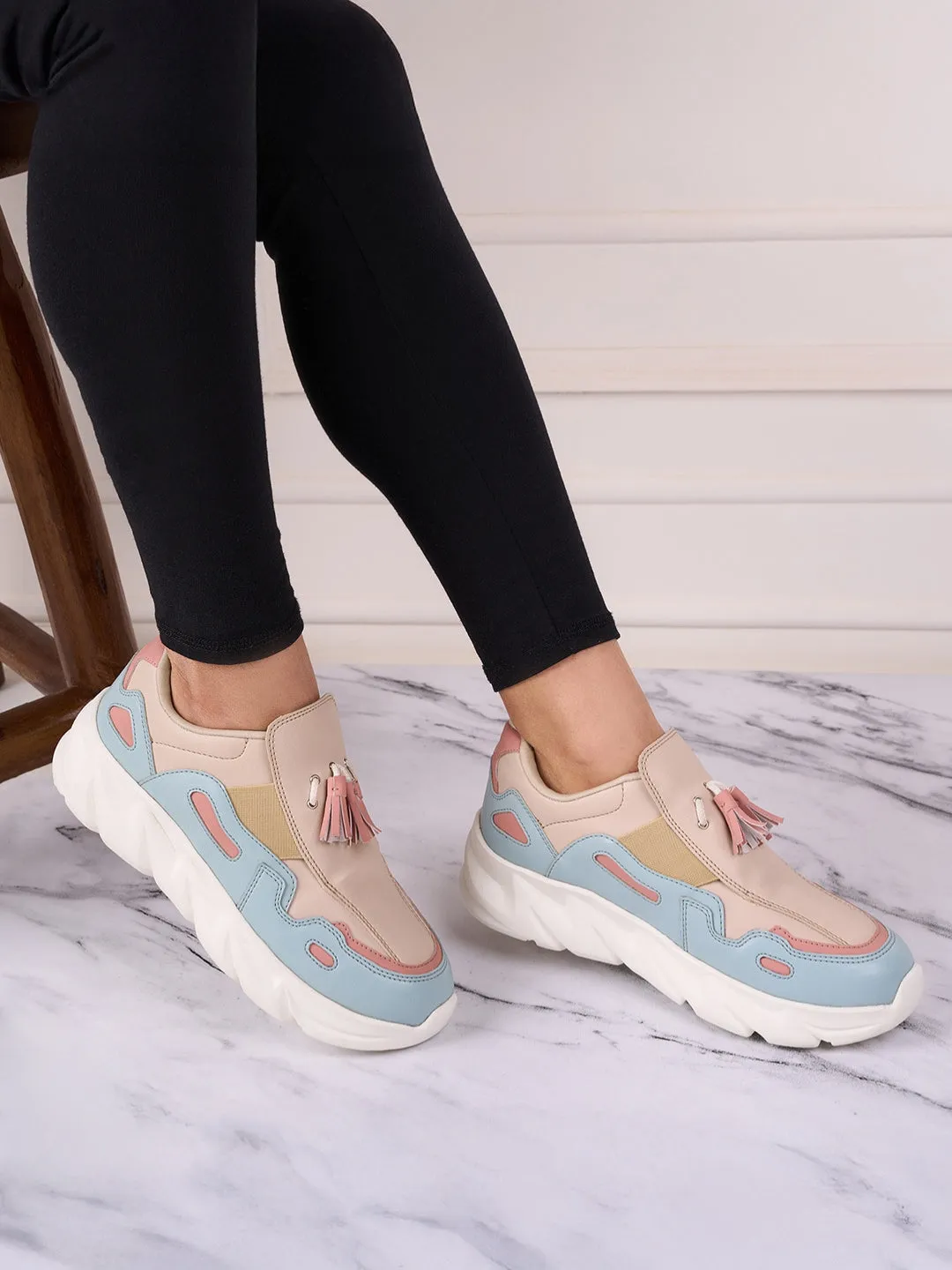 Women's Beige/Bkue All Seasons Wearing Sneakers (IU1004)