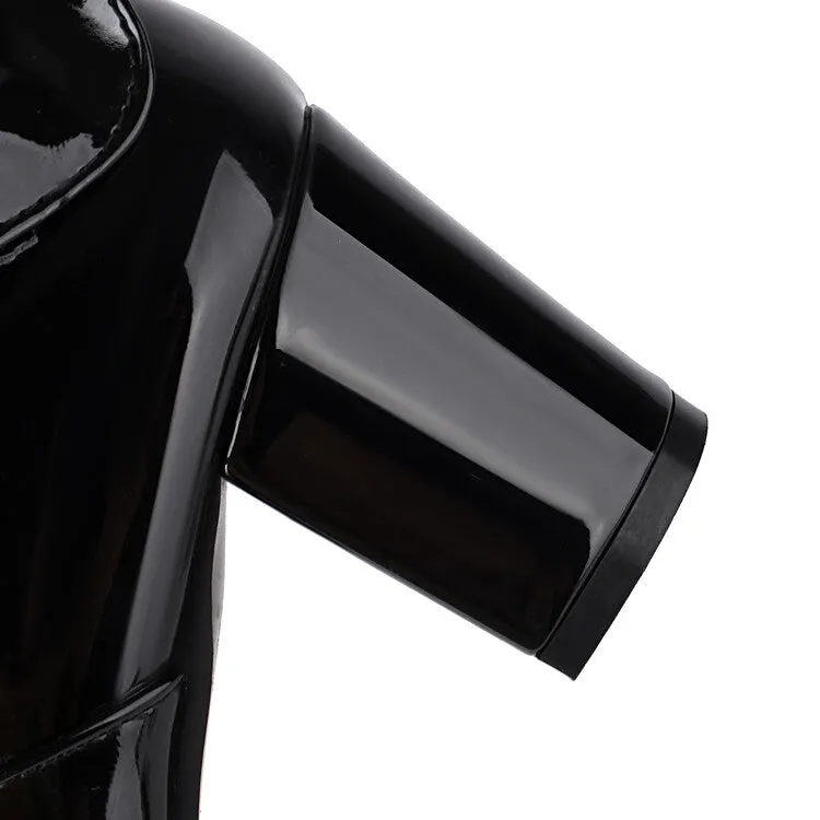 Women's Buckle Strap Patent Leather Block Heel Knee High Boots