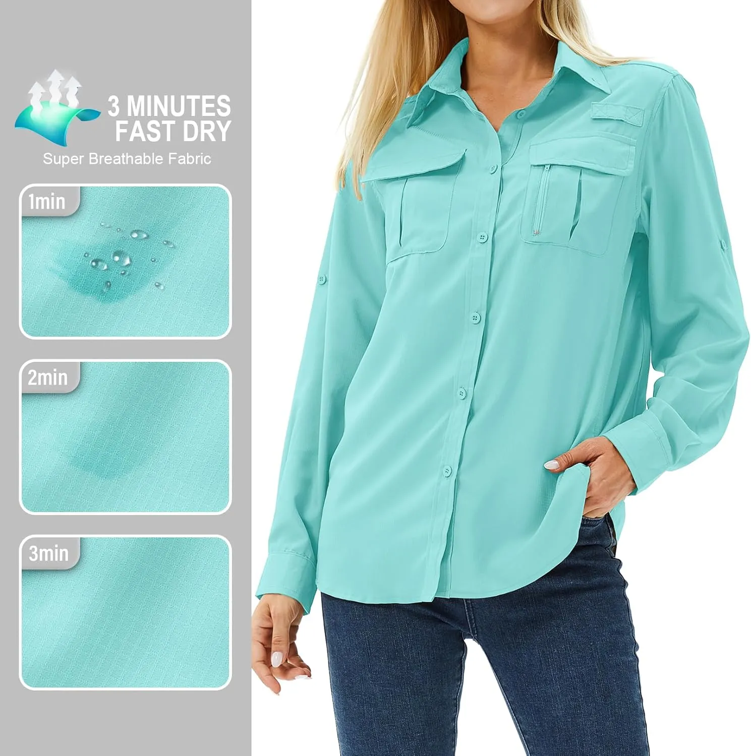 Women's UPF 50 Long Sleeve UV Sun Protection Safari Shirts Outdoor Quick Dry Fishing Hiking Travel Shirts