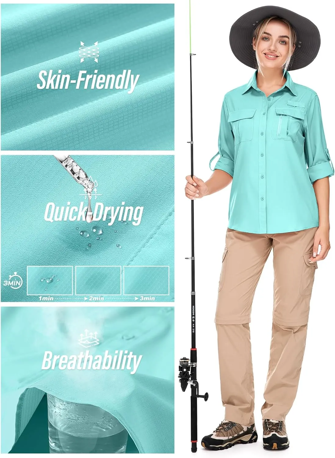 Women's UPF 50 Long Sleeve UV Sun Protection Safari Shirts Outdoor Quick Dry Fishing Hiking Travel Shirts