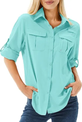 Women's UPF 50 Long Sleeve UV Sun Protection Safari Shirts Outdoor Quick Dry Fishing Hiking Travel Shirts